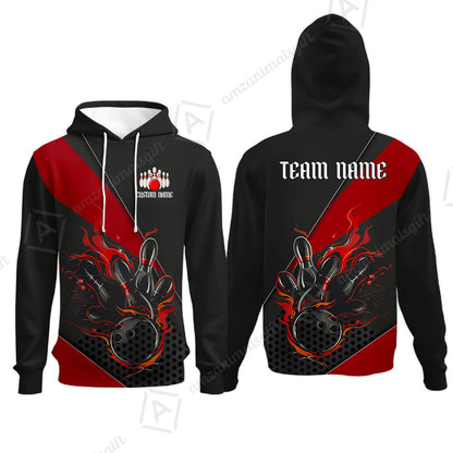 Customized Bowling Quarter-Zip Jersey Polo Shirts, Flaming Bowling Pins Esport Black Red Shirt For Tournament Team Men Women Bowlers