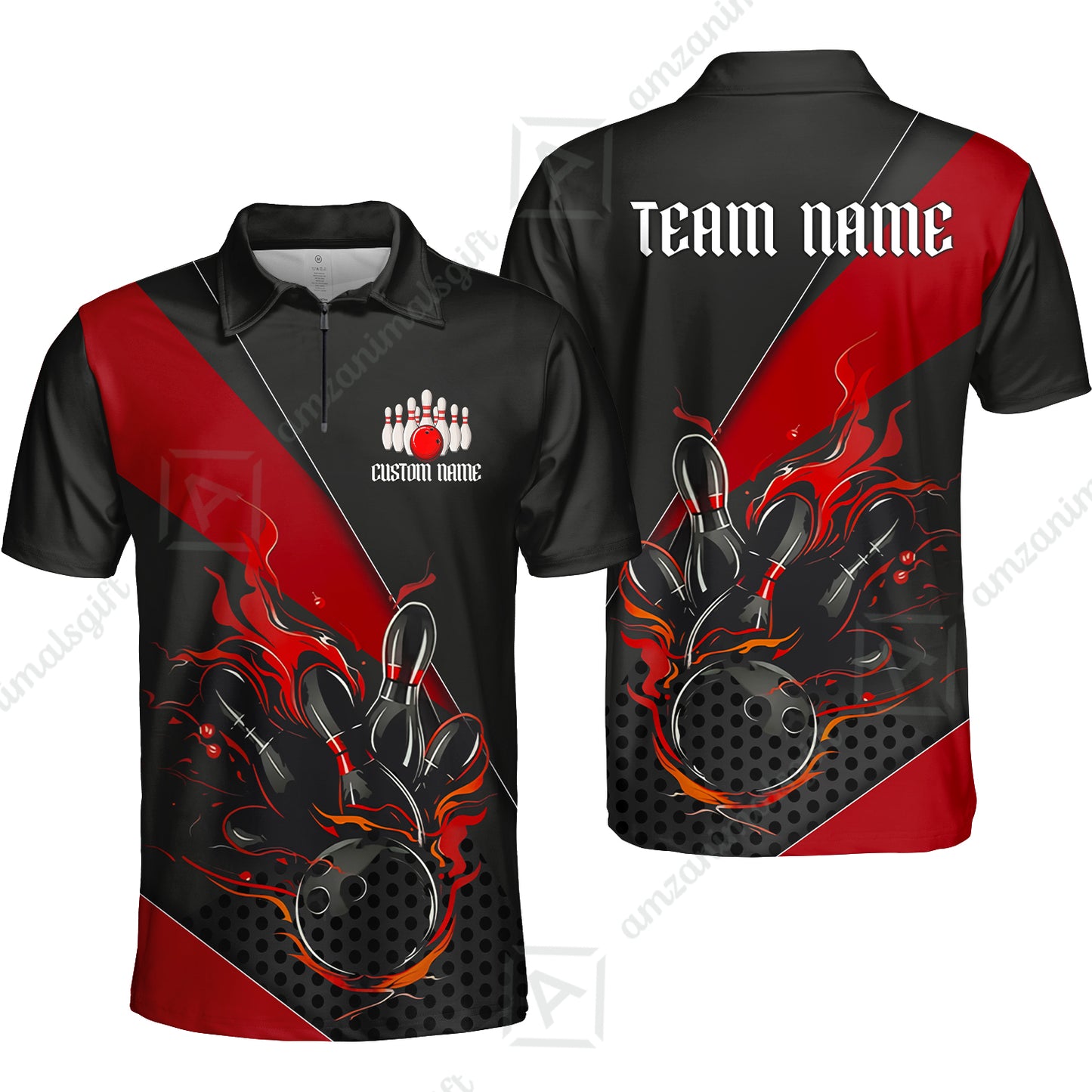 Customized Bowling Quarter-Zip Jersey Polo Shirts, Flaming Bowling Pins Esport Black Red Shirt For Tournament Team Men Women Bowlers