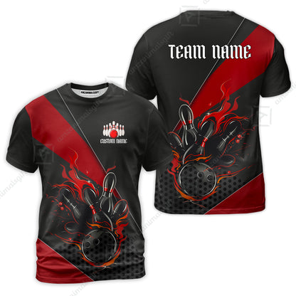 Customized Bowling Quarter-Zip Jersey Polo Shirts, Flaming Bowling Pins Esport Black Red Shirt For Tournament Team Men Women Bowlers
