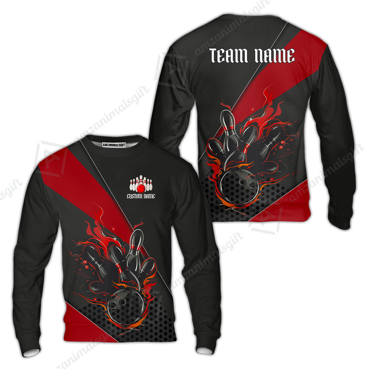 Customized Bowling Quarter-Zip Jersey Polo Shirts, Flaming Bowling Pins Esport Black Red Shirt For Tournament Team Men Women Bowlers