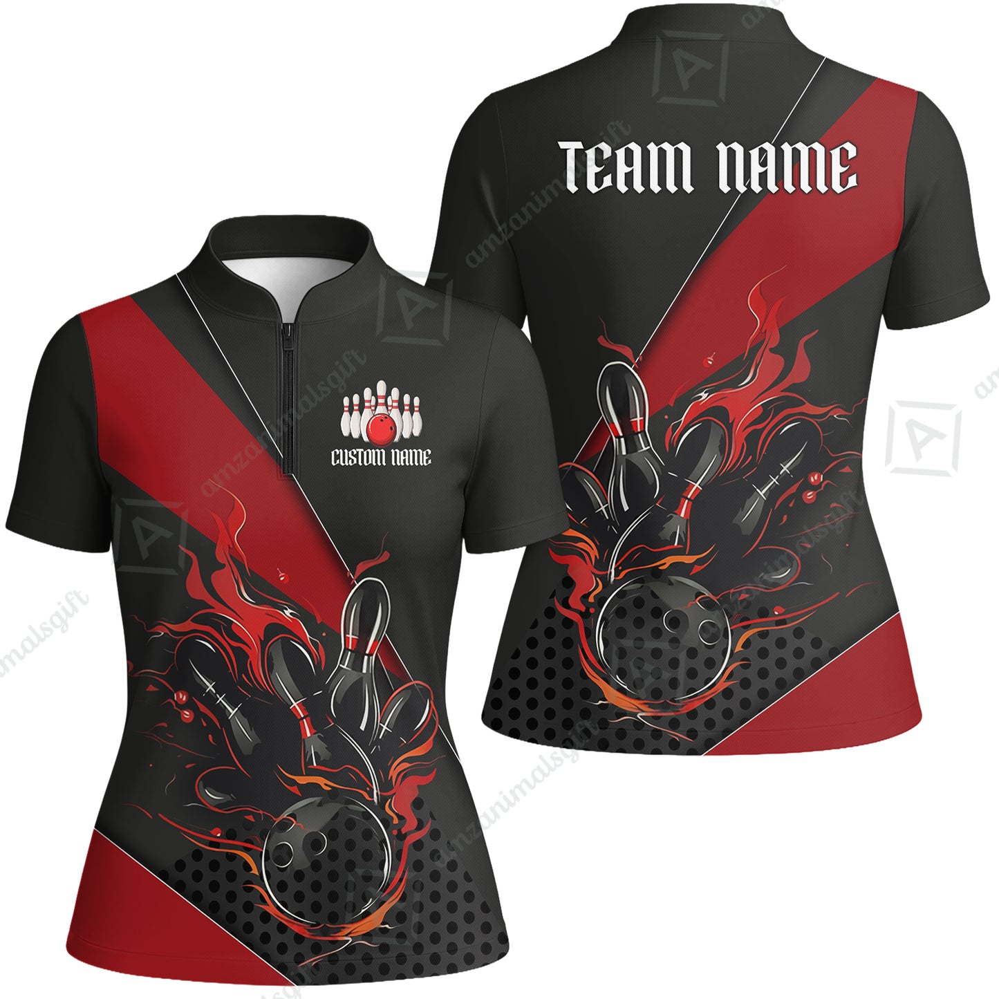Customized Bowling Quarter-Zip Jersey Polo Shirts, Flaming Bowling Pins Esport Black Red Shirt For Tournament Team Men Women Bowlers