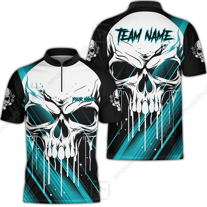 Customized Bowling Polo, Blue Skull Bowling Creepy Style Bowling jerseys Custom Name And Team Shirt