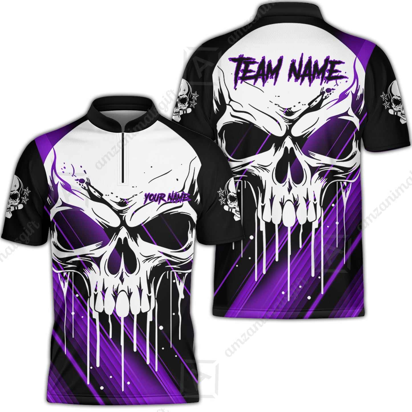 Customized Bowling Polo, Blue Skull Bowling Creepy Style Bowling jerseys Custom Name And Team Shirt