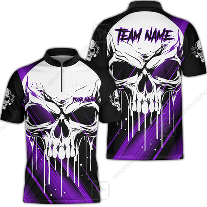 Customized Bowling Polo, Blue Skull Bowling Creepy Style Bowling jerseys Custom Name And Team Shirt