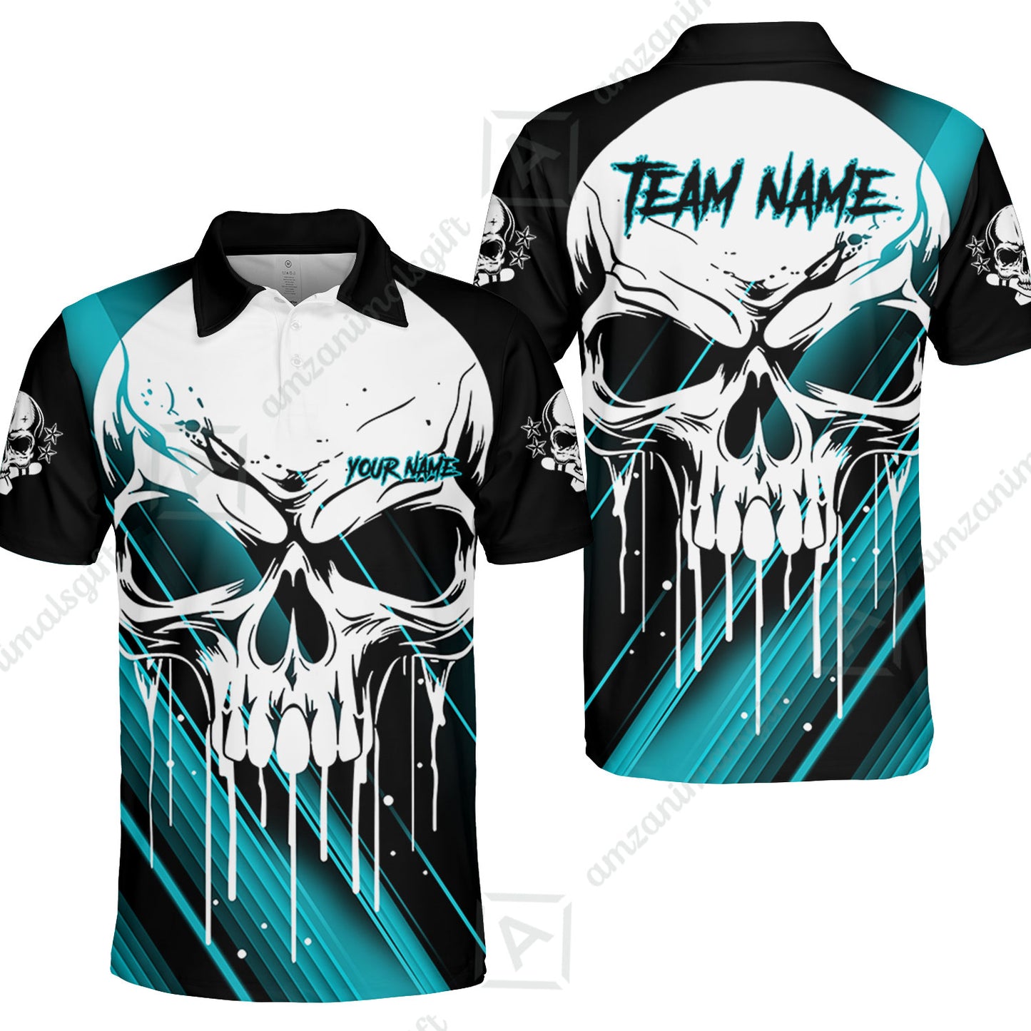 Customized Bowling Polo, Blue Skull Bowling Creepy Style Bowling jerseys Custom Name And Team Shirt