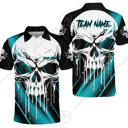 Customized Bowling Polo, Blue Skull Bowling Creepy Style Bowling jerseys Custom Name And Team Shirt