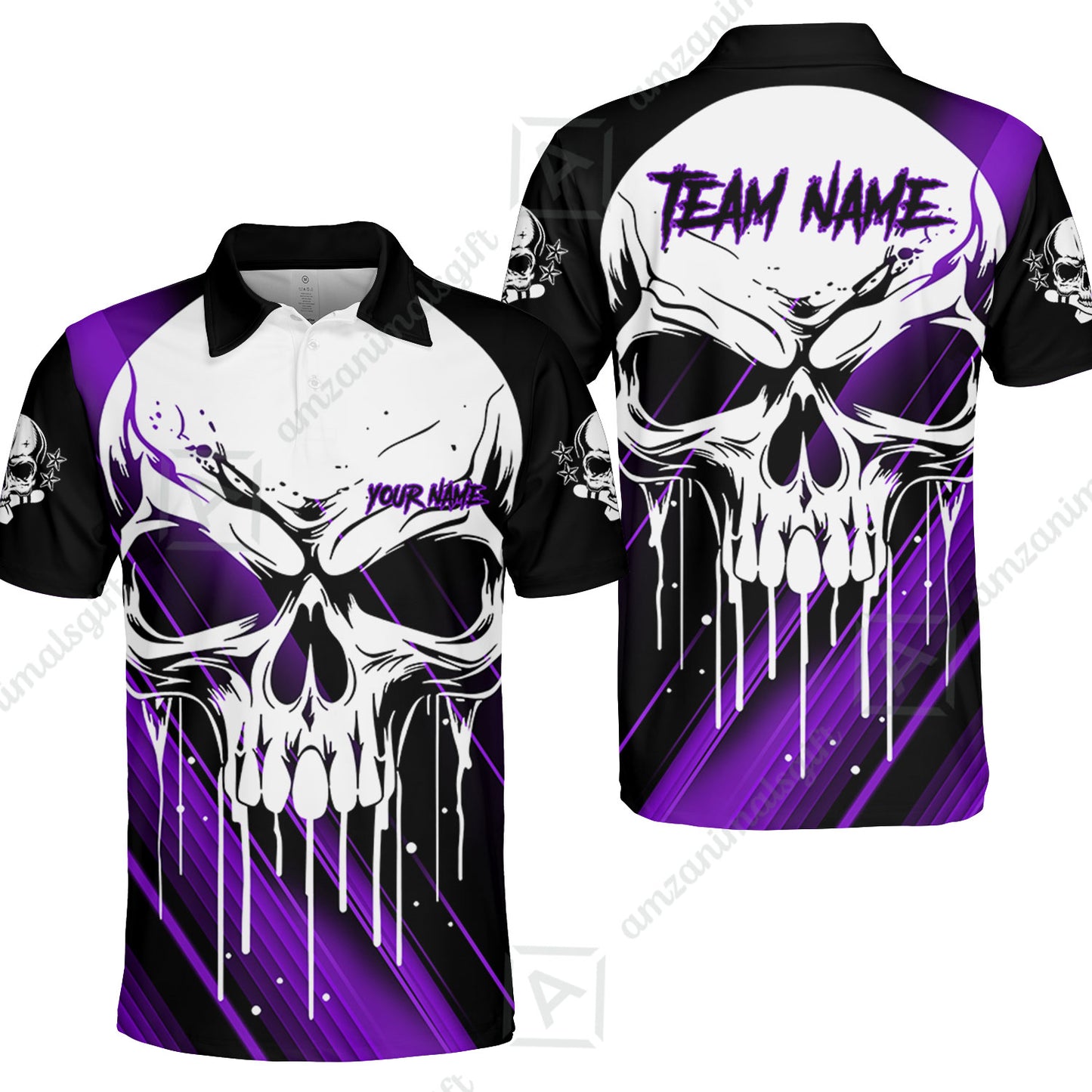 Customized Bowling Polo, Blue Skull Bowling Creepy Style Bowling jerseys Custom Name And Team Shirt