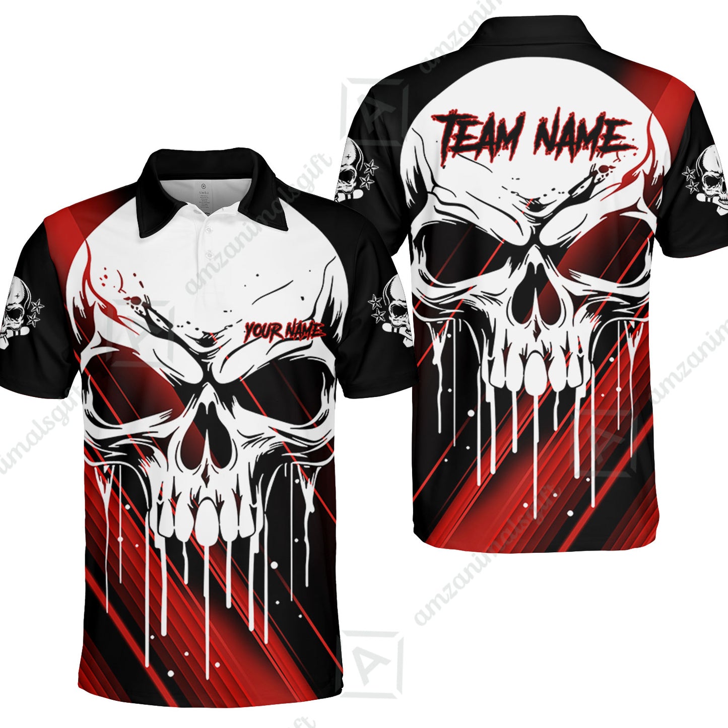 Customized Bowling Polo, Blue Skull Bowling Creepy Style Bowling jerseys Custom Name And Team Shirt