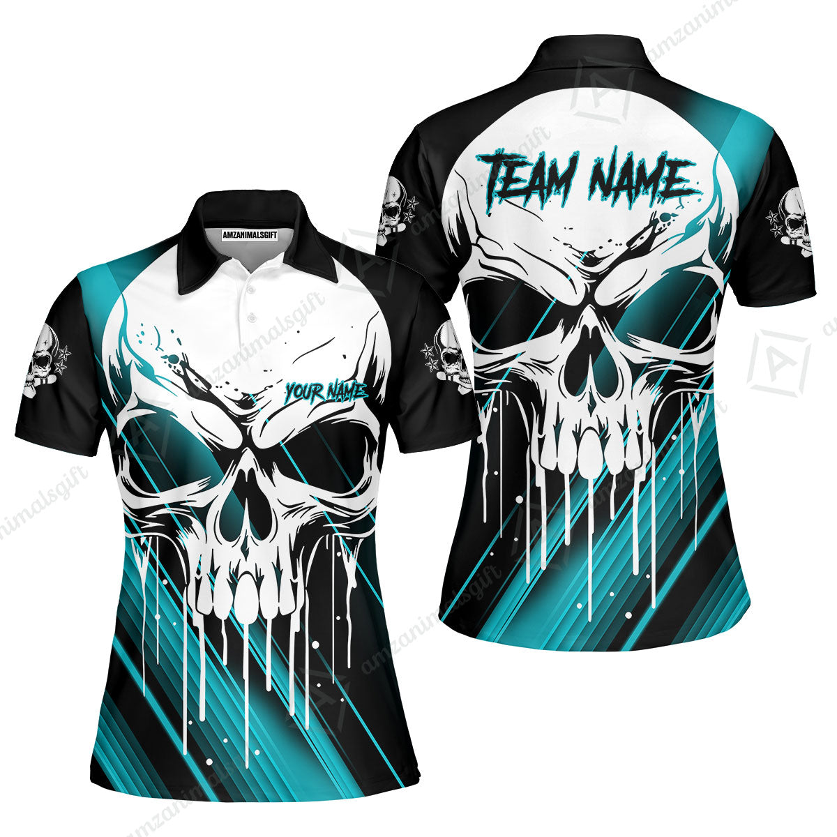 Customized Bowling Polo, Blue Skull Bowling Creepy Style Bowling jerseys Custom Name And Team Shirt