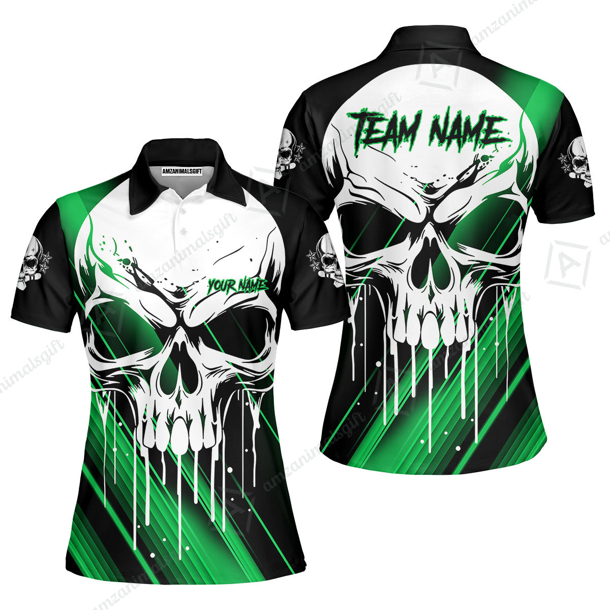 Customized Bowling Polo, Blue Skull Bowling Creepy Style Bowling jerseys Custom Name And Team Shirt
