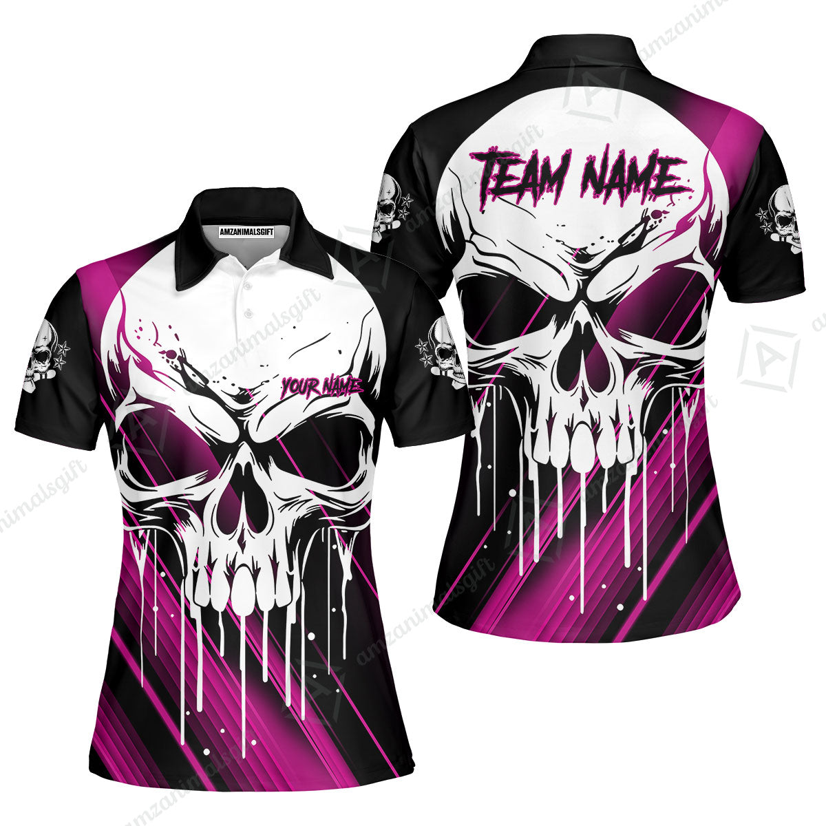 Customized Bowling Polo, Blue Skull Bowling Creepy Style Bowling jerseys Custom Name And Team Shirt