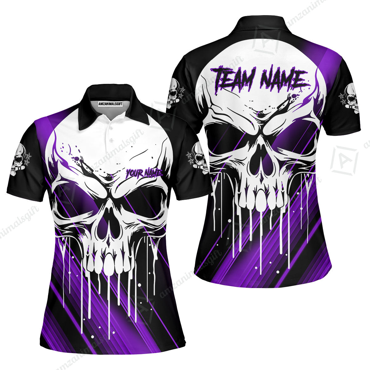 Customized Bowling Polo, Blue Skull Bowling Creepy Style Bowling jerseys Custom Name And Team Shirt