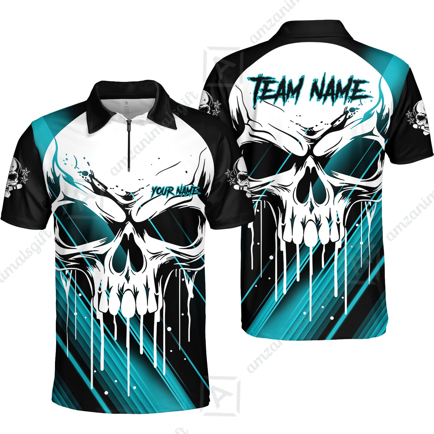 Customized Bowling Polo, Blue Skull Bowling Creepy Style Bowling jerseys Custom Name And Team Shirt