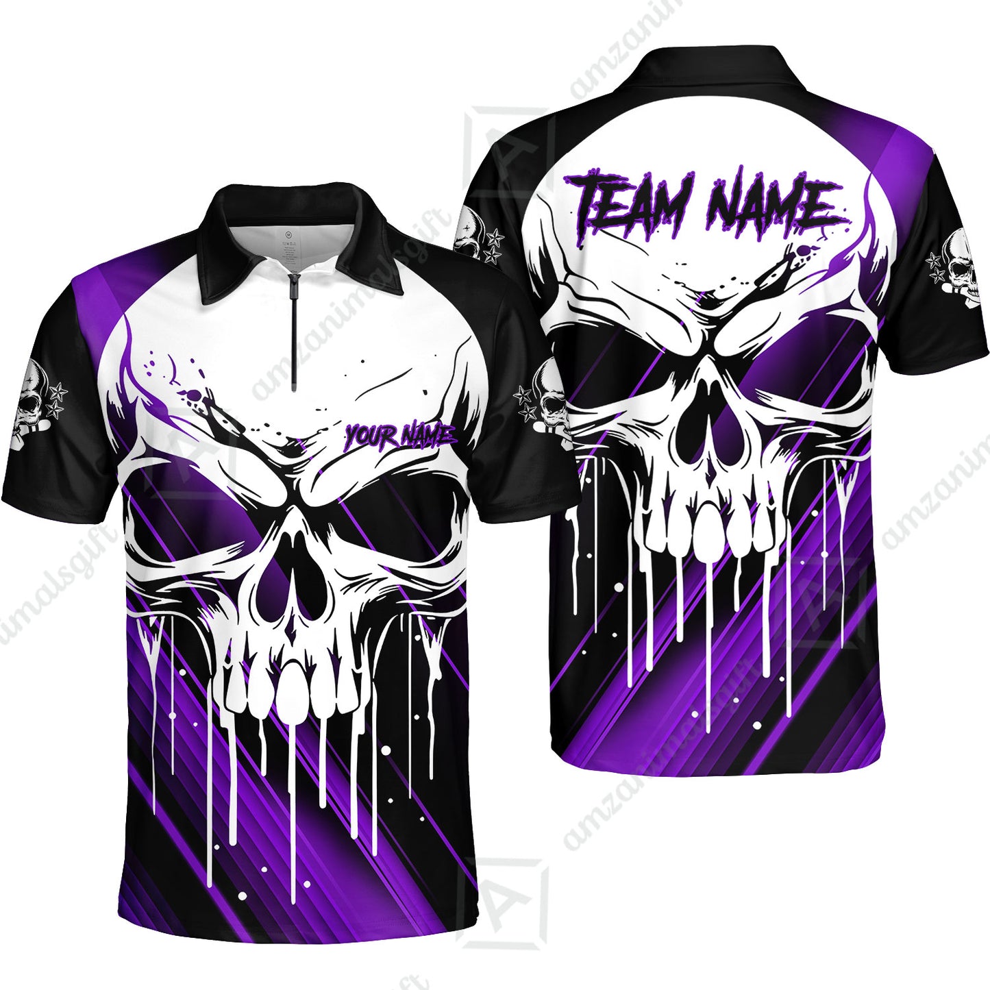 Customized Bowling Polo, Blue Skull Bowling Creepy Style Bowling jerseys Custom Name And Team Shirt