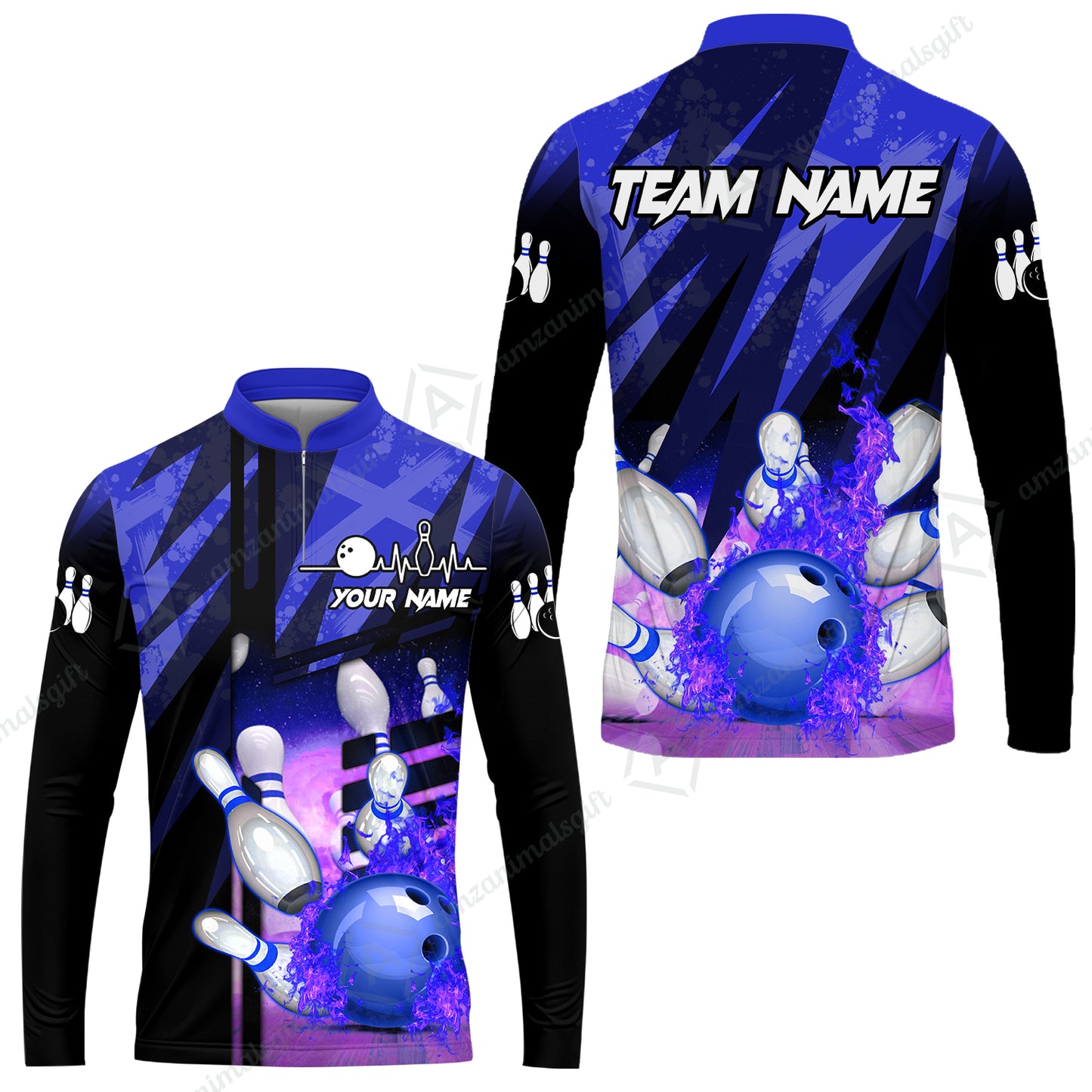 Customized Bowling Jersey Shirt, Bowling And Pins Abstract Grunge Texture XX Multicolor Option Customized Name And Team Zipper Polo Jerseys Shirts