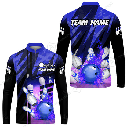 Customized Bowling Jersey Shirt, Bowling And Pins Abstract Grunge Texture XX Multicolor Option Customized Name And Team Zipper Polo Jerseys Shirts