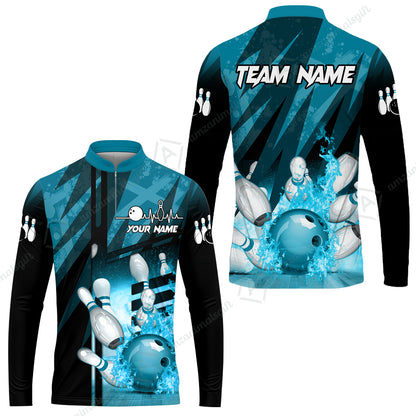Customized Bowling Jersey Shirt, Bowling And Pins Abstract Grunge Texture XX Multicolor Option Customized Name And Team Zipper Polo Jerseys Shirts