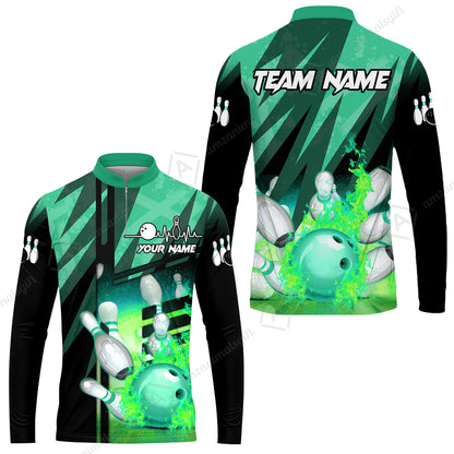Customized Bowling Jersey Shirt, Bowling And Pins Abstract Grunge Texture XX Multicolor Option Customized Name And Team Zipper Polo Jerseys Shirts