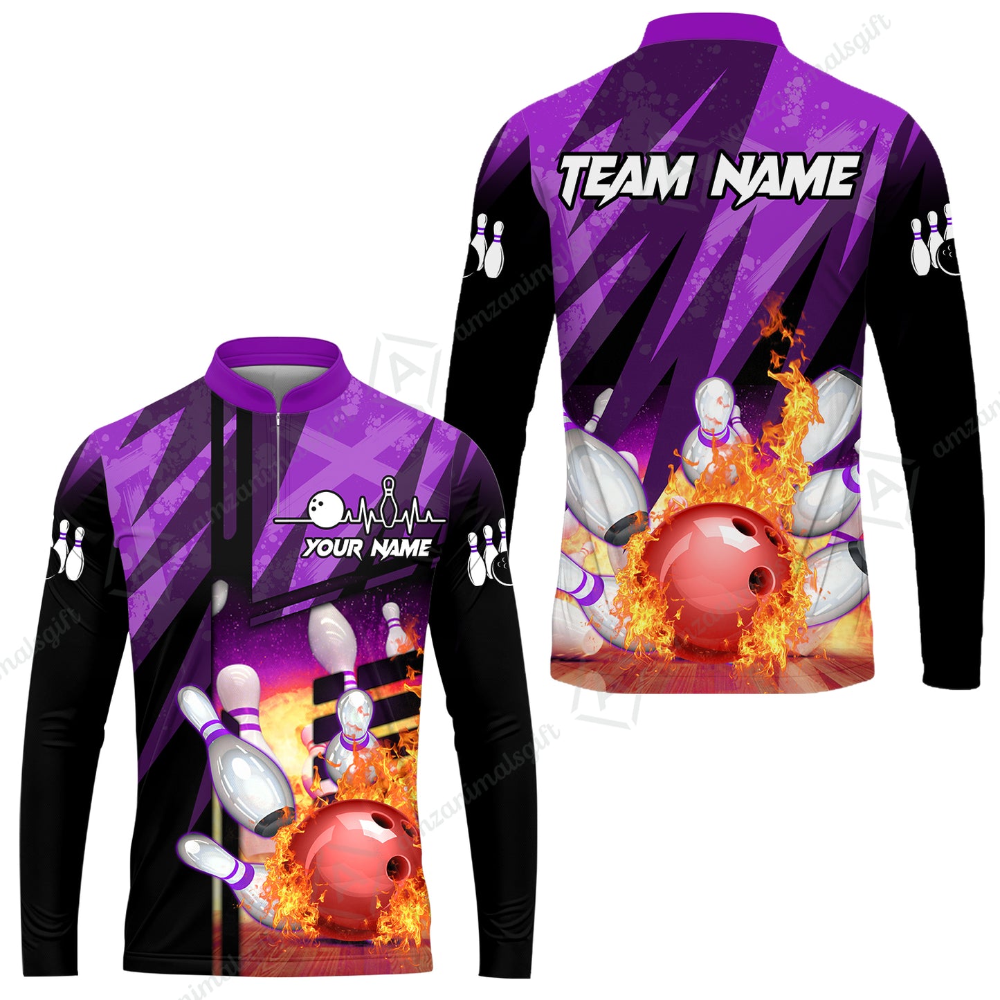 Customized Bowling Jersey Shirt, Bowling And Pins Abstract Grunge Texture XX Multicolor Option Customized Name And Team Zipper Polo Jerseys Shirts