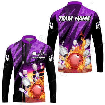Customized Bowling Jersey Shirt, Bowling And Pins Abstract Grunge Texture XX Multicolor Option Customized Name And Team Zipper Polo Jerseys Shirts