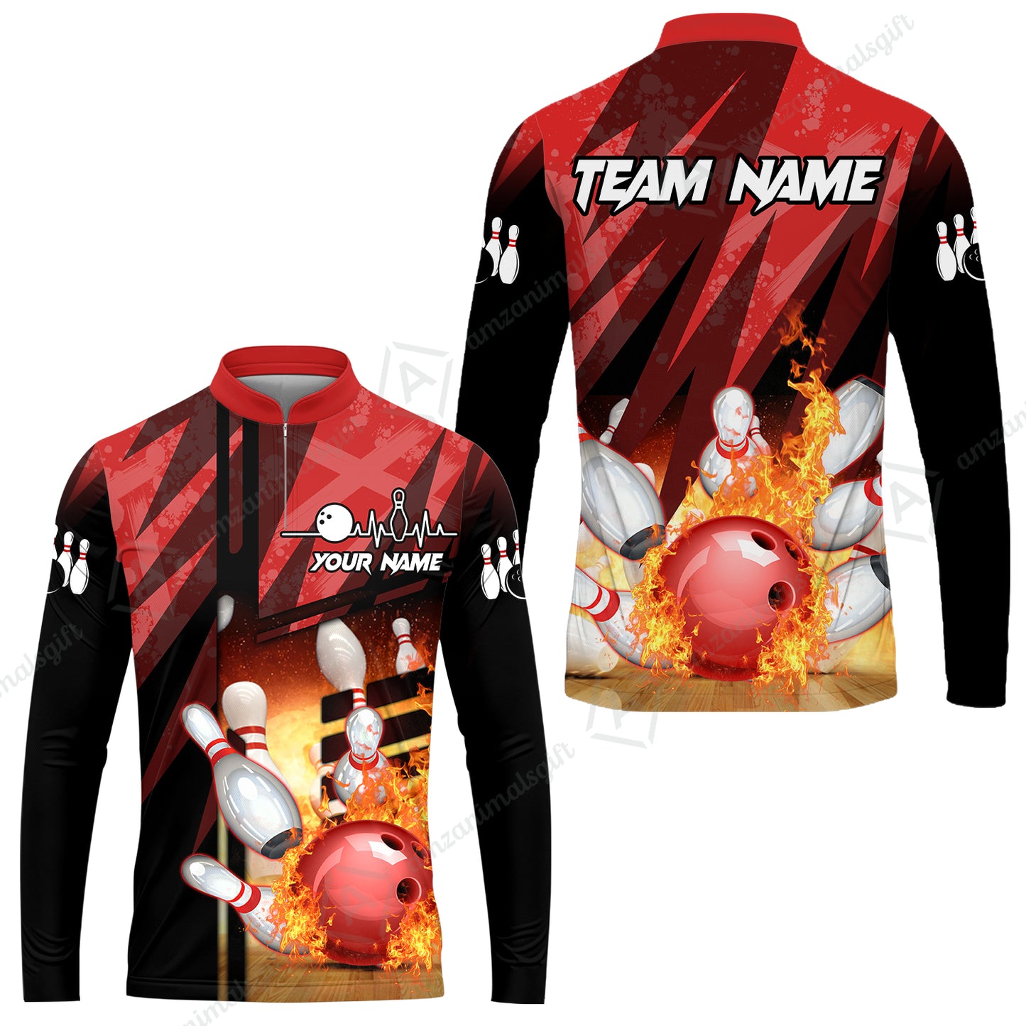 Customized Bowling Jersey Shirt, Bowling And Pins Abstract Grunge Texture XX Multicolor Option Customized Name And Team Zipper Polo Jerseys Shirts