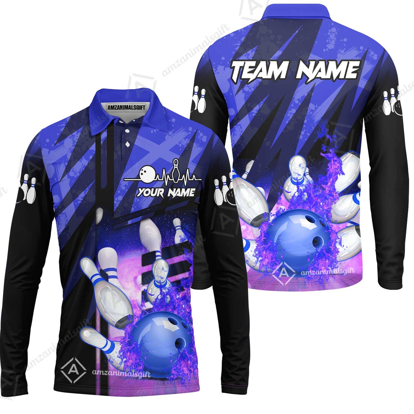 Customized Bowling Jersey Shirt, Bowling And Pins Abstract Grunge Texture XX Multicolor Option Customized Name And Team Zipper Polo Jerseys Shirts