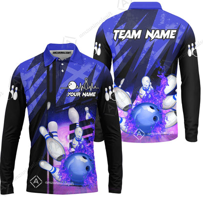 Customized Bowling Jersey Shirt, Bowling And Pins Abstract Grunge Texture XX Multicolor Option Customized Name And Team Zipper Polo Jerseys Shirts