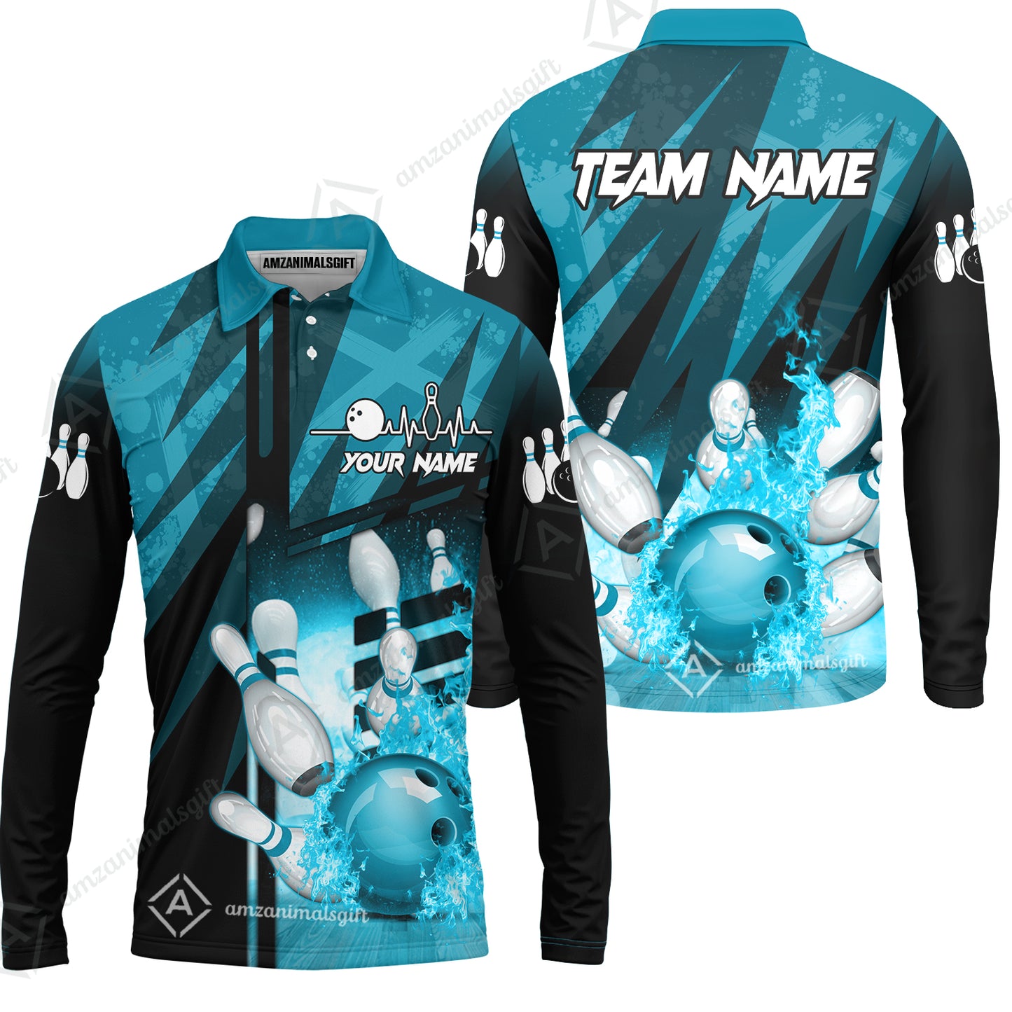 Customized Bowling Jersey Shirt, Bowling And Pins Abstract Grunge Texture XX Multicolor Option Customized Name And Team Zipper Polo Jerseys Shirts