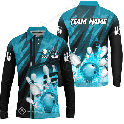 Customized Bowling Jersey Shirt, Bowling And Pins Abstract Grunge Texture XX Multicolor Option Customized Name And Team Zipper Polo Jerseys Shirts