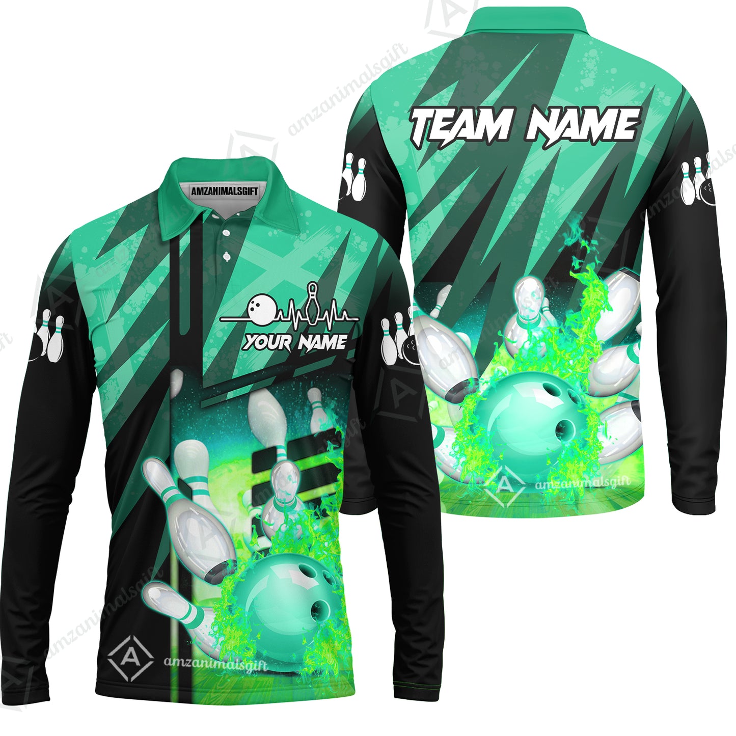 Customized Bowling Jersey Shirt, Bowling And Pins Abstract Grunge Texture XX Multicolor Option Customized Name And Team Zipper Polo Jerseys Shirts