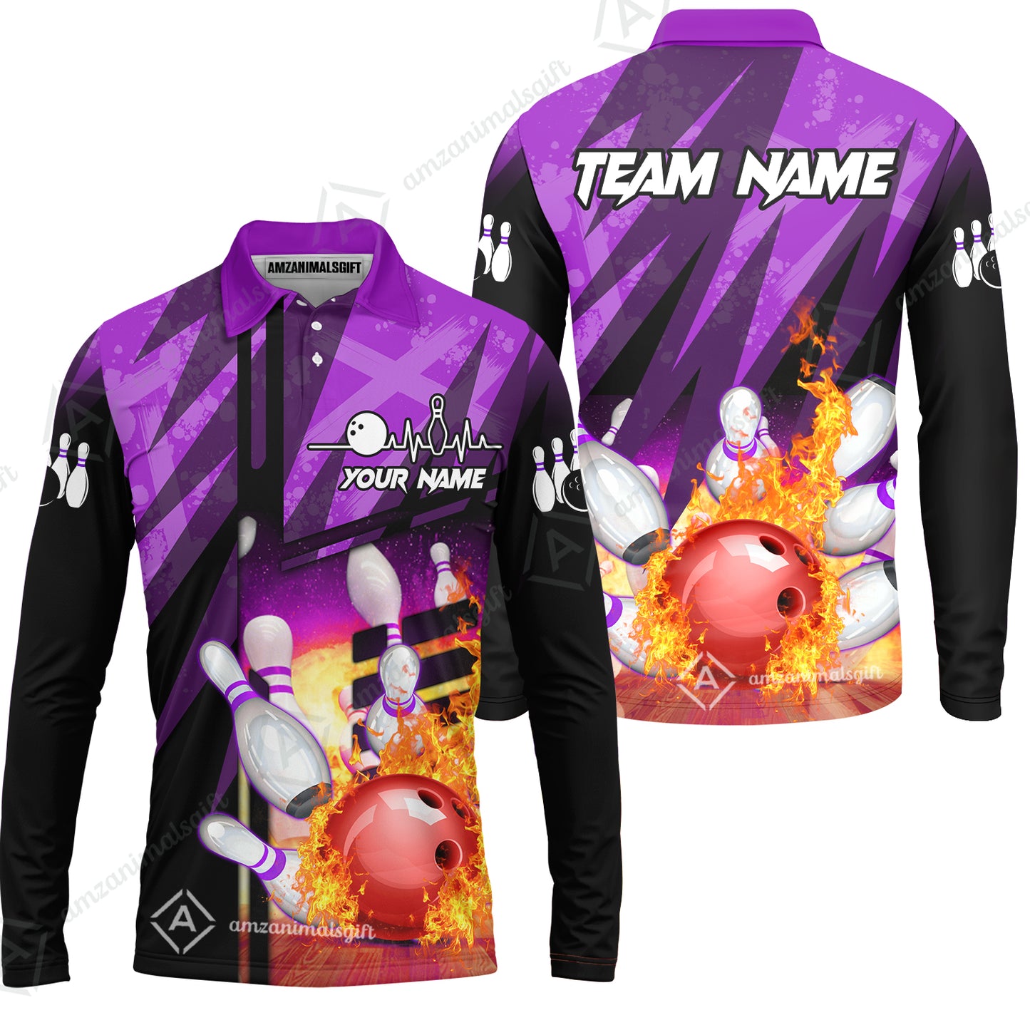 Customized Bowling Jersey Shirt, Bowling And Pins Abstract Grunge Texture XX Multicolor Option Customized Name And Team Zipper Polo Jerseys Shirts