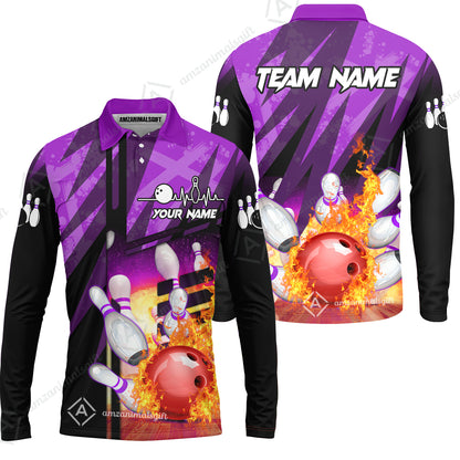 Customized Bowling Jersey Shirt, Bowling And Pins Abstract Grunge Texture XX Multicolor Option Customized Name And Team Zipper Polo Jerseys Shirts