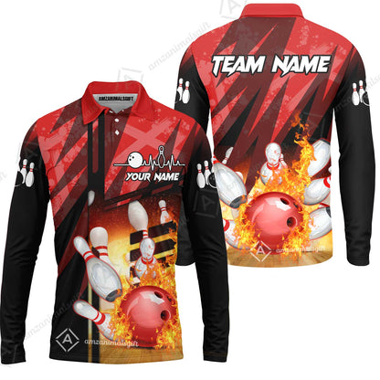 Customized Bowling Jersey Shirt, Bowling And Pins Abstract Grunge Texture XX Multicolor Option Customized Name And Team Zipper Polo Jerseys Shirts