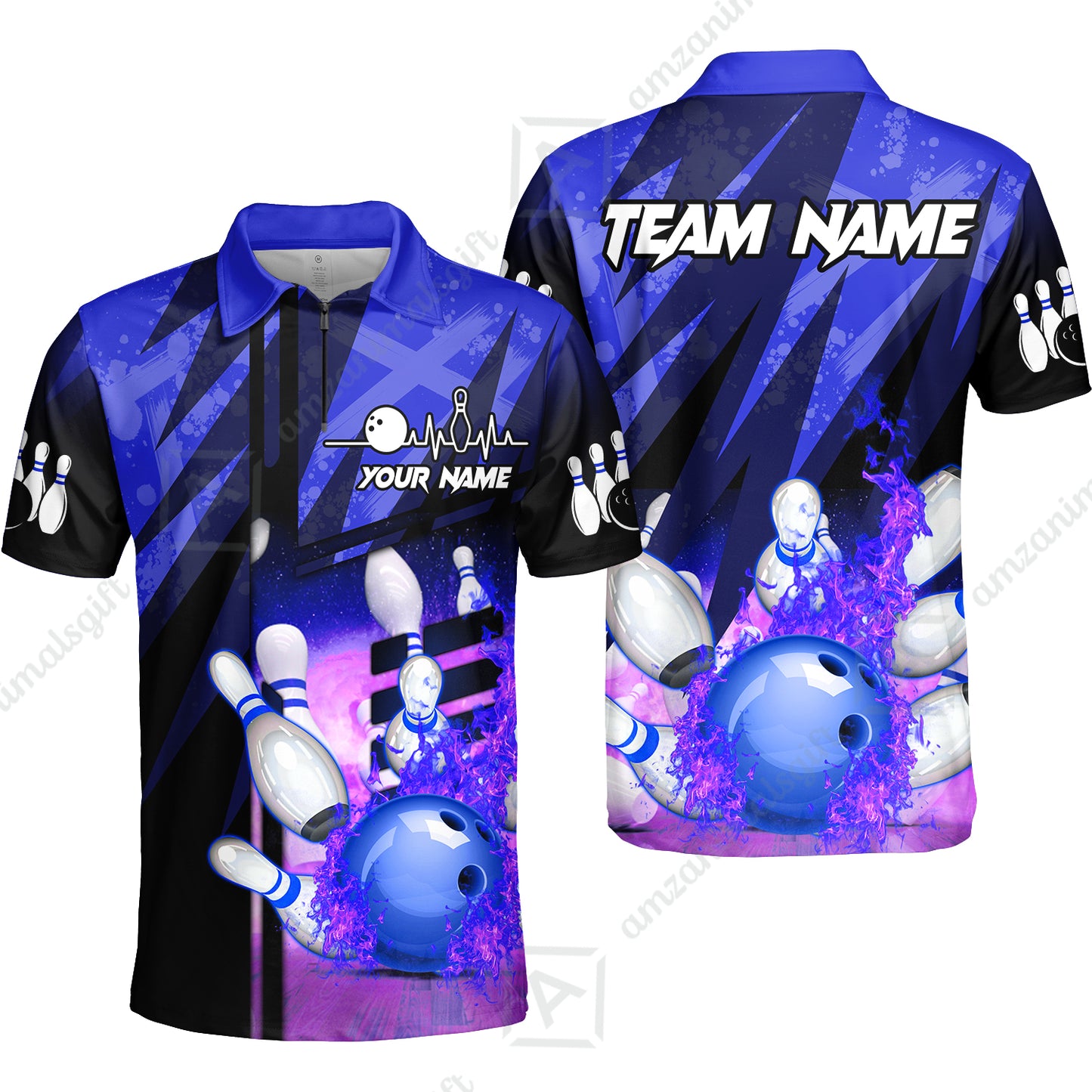 Customized Bowling Jersey Shirt, Bowling And Pins Abstract Grunge Texture XX Multicolor Option Customized Name And Team Zipper Polo Jerseys Shirts
