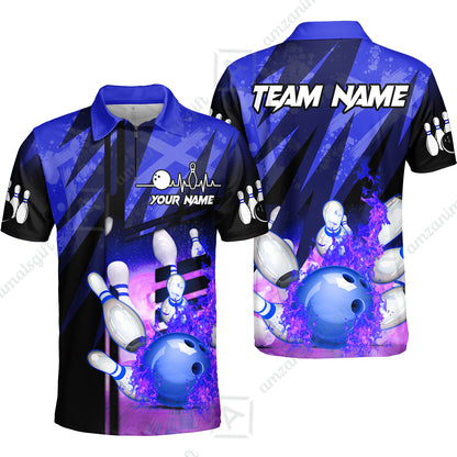 Customized Bowling Jersey Shirt, Bowling And Pins Abstract Grunge Texture XX Multicolor Option Customized Name And Team Zipper Polo Jerseys Shirts