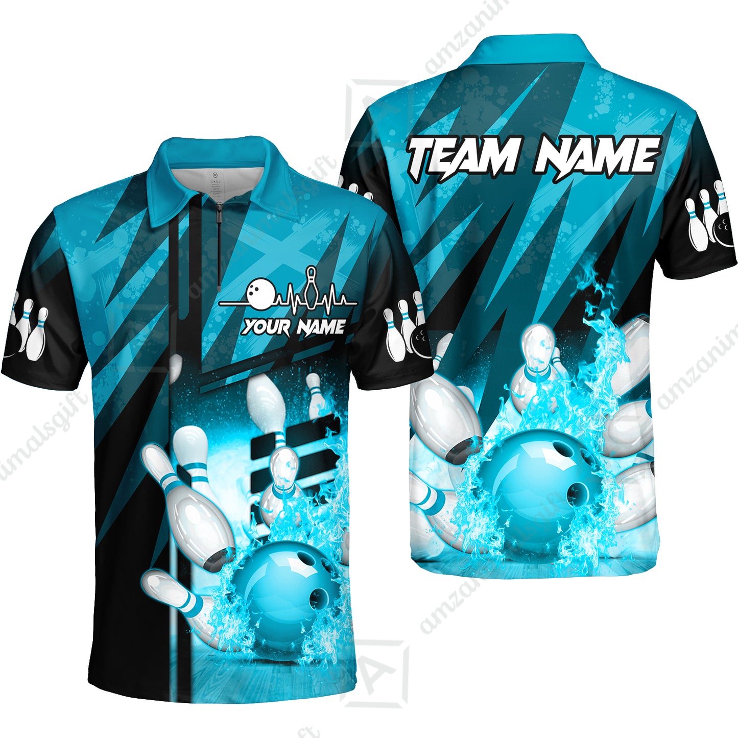 Customized Bowling Jersey Shirt, Bowling And Pins Abstract Grunge Texture XX Multicolor Option Customized Name And Team Zipper Polo Jerseys Shirts