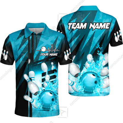 Customized Bowling Jersey Shirt, Bowling And Pins Abstract Grunge Texture XX Multicolor Option Customized Name And Team Zipper Polo Jerseys Shirts