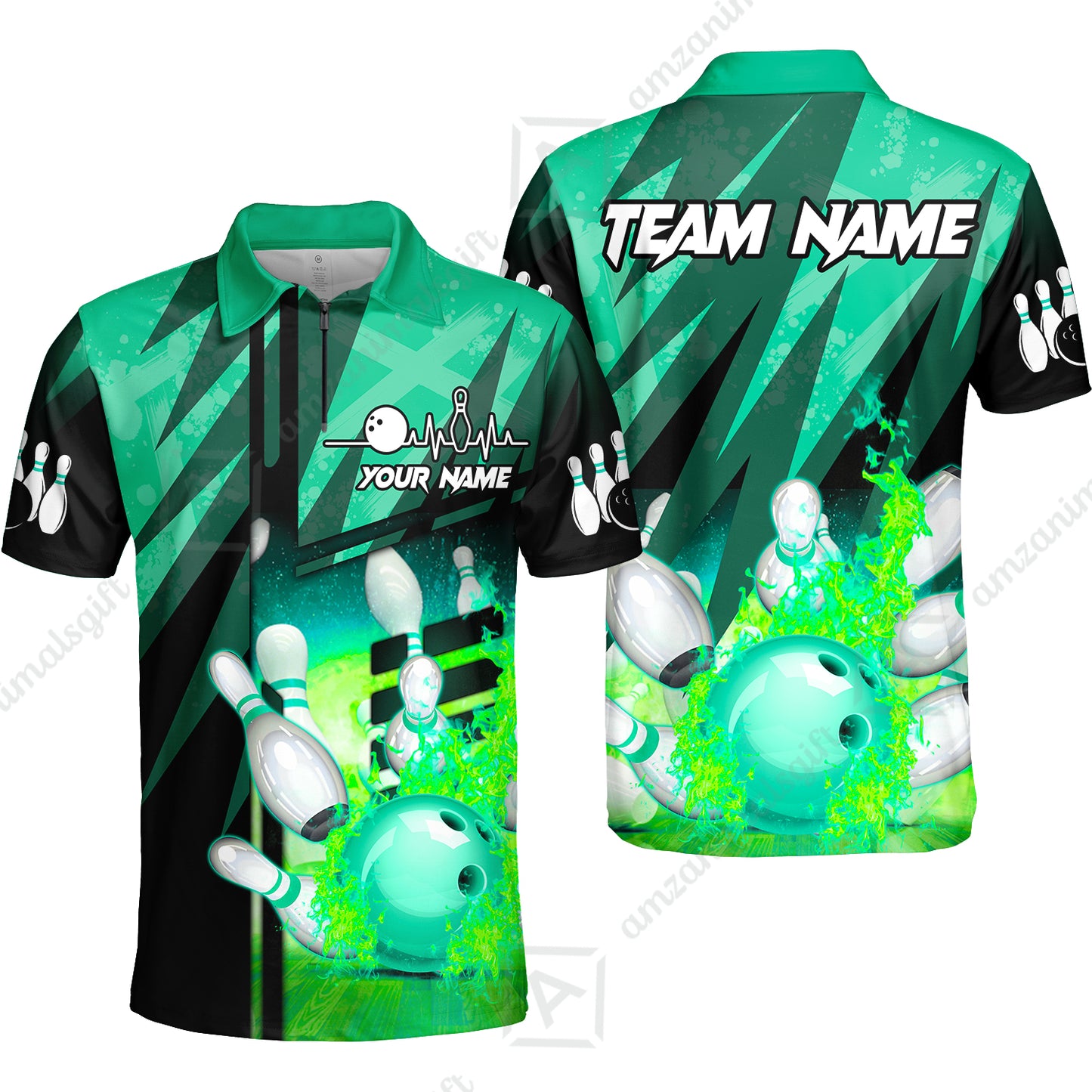 Customized Bowling Jersey Shirt, Bowling And Pins Abstract Grunge Texture XX Multicolor Option Customized Name And Team Zipper Polo Jerseys Shirts
