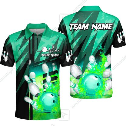 Customized Bowling Jersey Shirt, Bowling And Pins Abstract Grunge Texture XX Multicolor Option Customized Name And Team Zipper Polo Jerseys Shirts