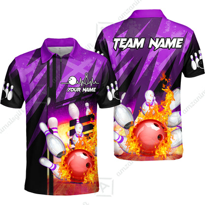 Customized Bowling Jersey Shirt, Bowling And Pins Abstract Grunge Texture XX Multicolor Option Customized Name And Team Zipper Polo Jerseys Shirts
