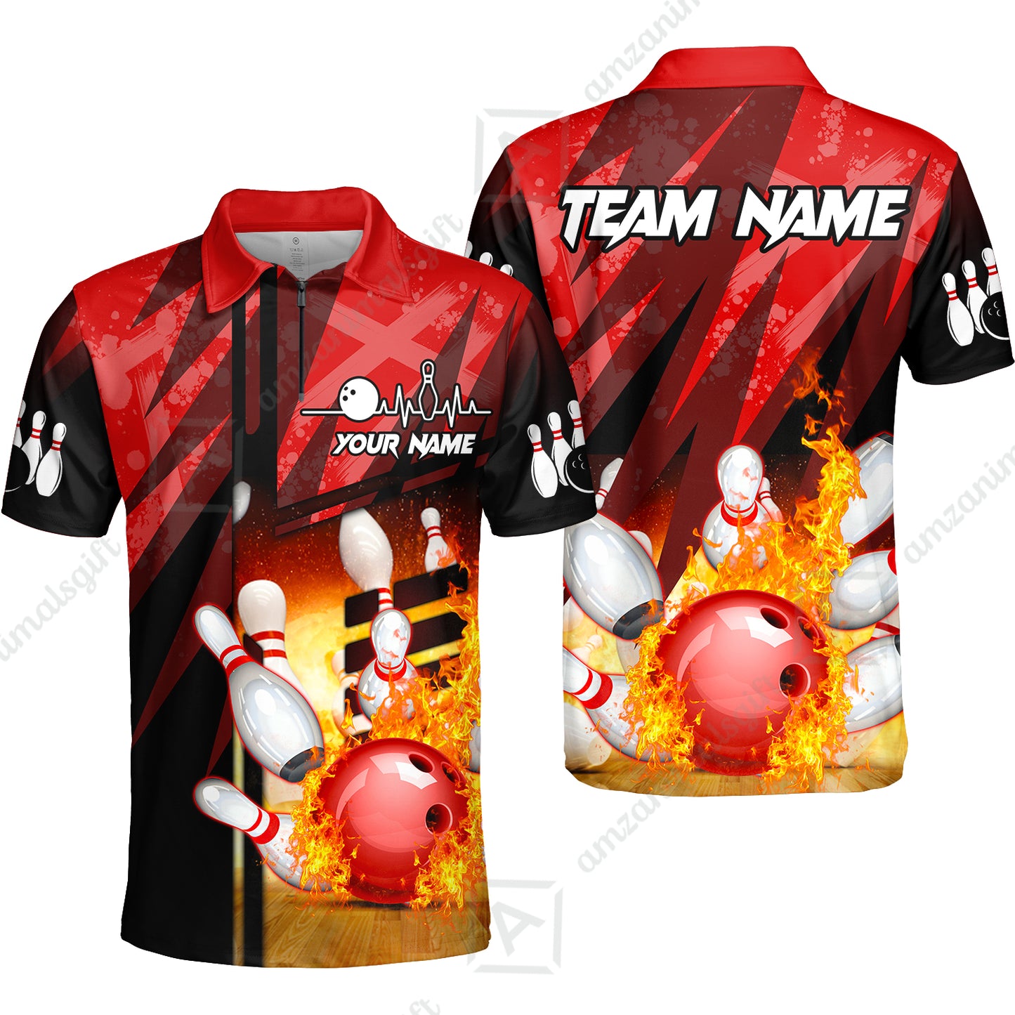 Customized Bowling Jersey Shirt, Bowling And Pins Abstract Grunge Texture XX Multicolor Option Customized Name And Team Zipper Polo Jerseys Shirts