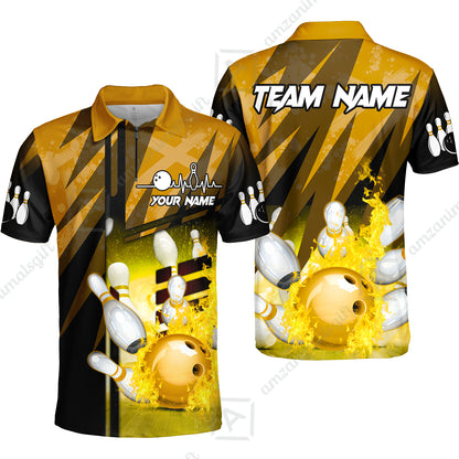 Customized Bowling Jersey Shirt, Bowling And Pins Abstract Grunge Texture XX Multicolor Option Customized Name And Team Zipper Polo Jerseys Shirts