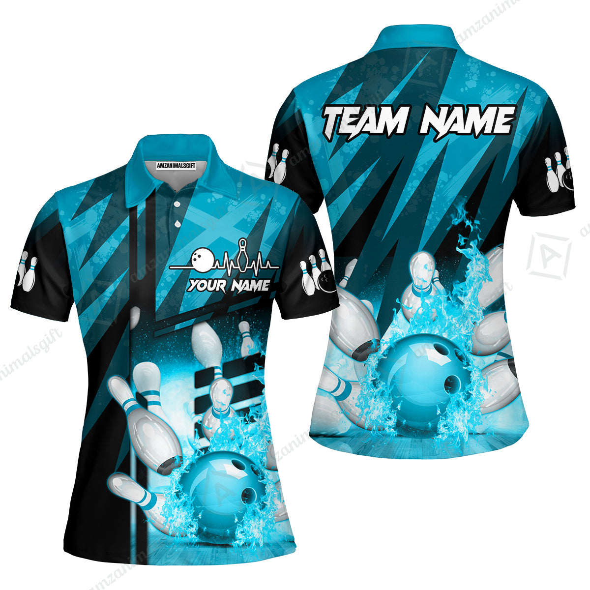 Customized Bowling Jersey Shirt, Bowling And Pins Abstract Grunge Texture XX Multicolor Option Customized Name And Team Zipper Polo Jerseys Shirts