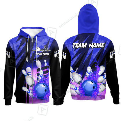 Customized Bowling Jersey Shirt, Bowling And Pins Abstract Grunge Texture XX Multicolor Option Customized Name And Team Zipper Polo Jerseys Shirts