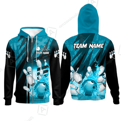 Customized Bowling Jersey Shirt, Bowling And Pins Abstract Grunge Texture XX Multicolor Option Customized Name And Team Zipper Polo Jerseys Shirts