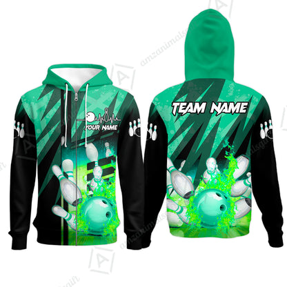 Customized Bowling Jersey Shirt, Bowling And Pins Abstract Grunge Texture XX Multicolor Option Customized Name And Team Zipper Polo Jerseys Shirts