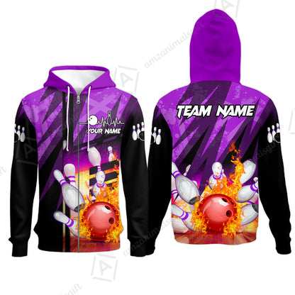 Customized Bowling Jersey Shirt, Bowling And Pins Abstract Grunge Texture XX Multicolor Option Customized Name And Team Zipper Polo Jerseys Shirts
