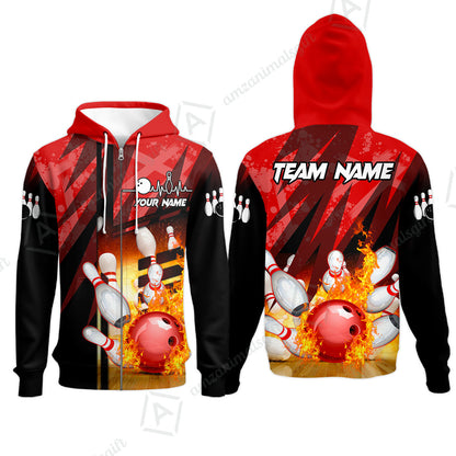 Customized Bowling Jersey Shirt, Bowling And Pins Abstract Grunge Texture XX Multicolor Option Customized Name And Team Zipper Polo Jerseys Shirts