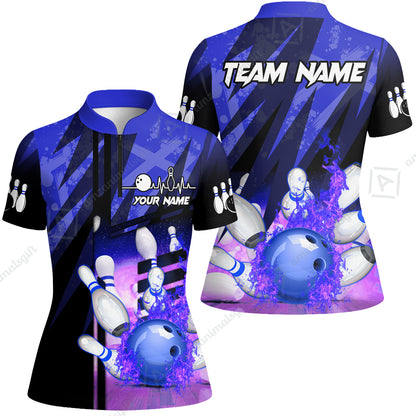 Customized Bowling Jersey Shirt, Bowling And Pins Abstract Grunge Texture XX Multicolor Option Customized Name And Team Zipper Polo Jerseys Shirts