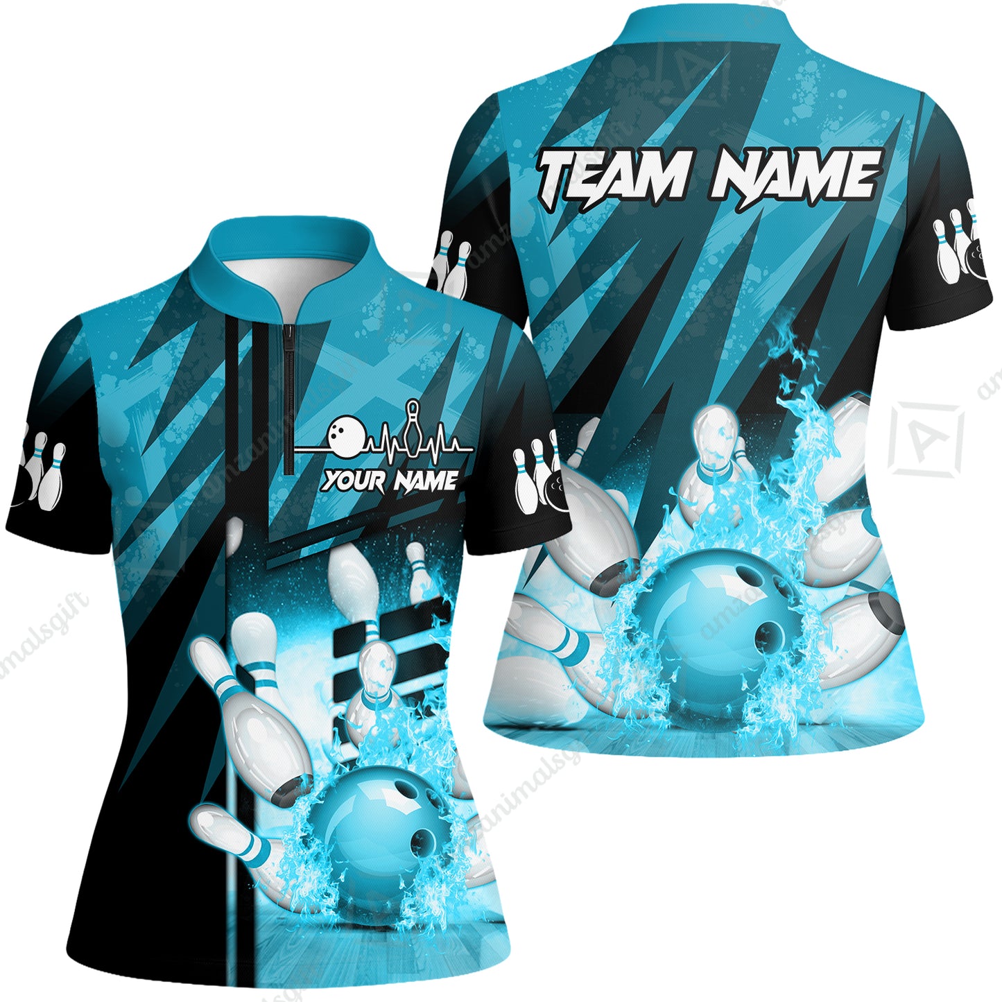 Customized Bowling Jersey Shirt, Bowling And Pins Abstract Grunge Texture XX Multicolor Option Customized Name And Team Zipper Polo Jerseys Shirts